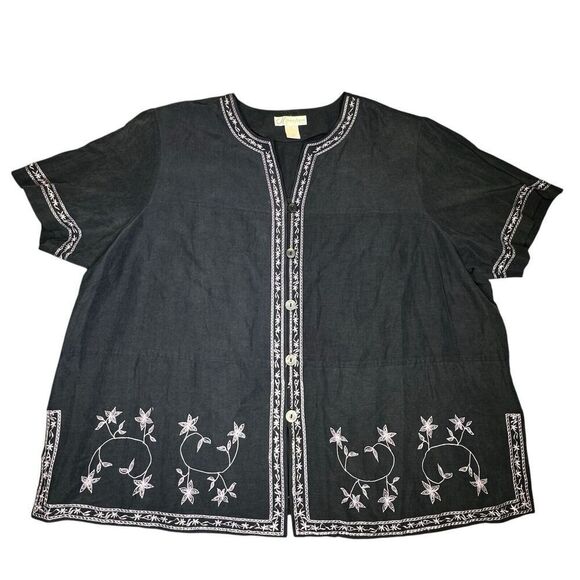 DressBarn Sz 24W SILK LINEN Blend Embroidered Short Sleeve Blouse Top Charcoal - Picture 1 of 14